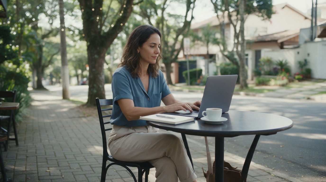 Empreendedora na Granja Viana, em Cotia, preenchendo a viabilidade da empresa no VRE Redesim pelo notebook