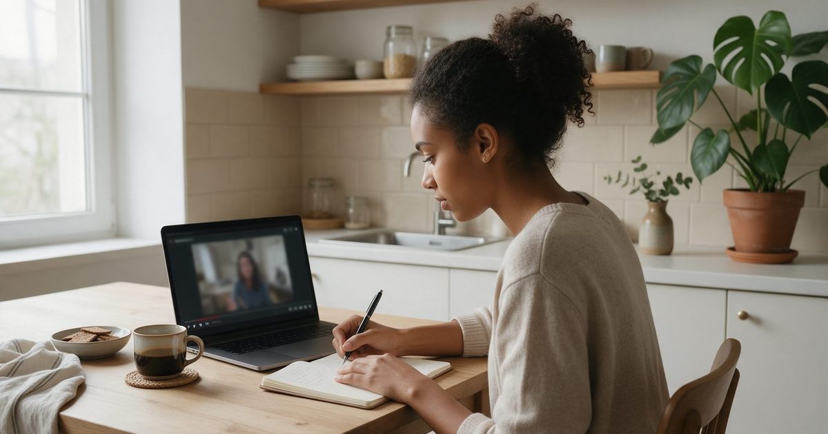 Futura empreendedora em Osasco assistindo a um curso a distância no notebook com caderno de anotações ao lado