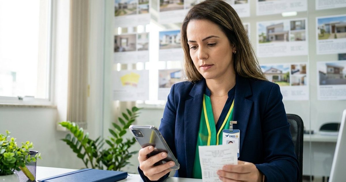 Corretora de imóveis com CNPJ conferindo a nota fiscal de comissão paga pela imobiliária