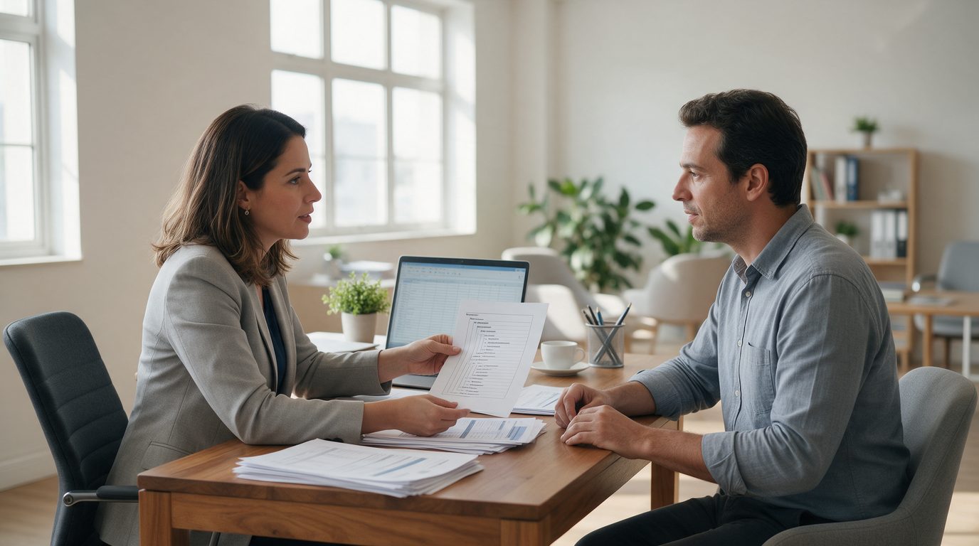 Contadora em Osasco explicando o plano de contas de uma empresa de serviços a um cliente
